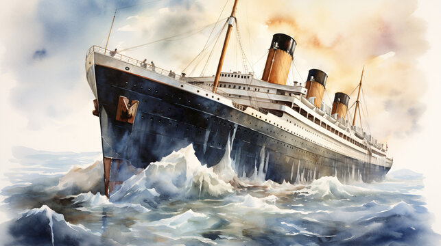 Watercolor titanic sinking Titanic ocean liner after