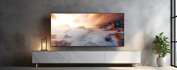 Luxury living room interior with tv led mock up screen. - obrazy, fototapety, plakaty