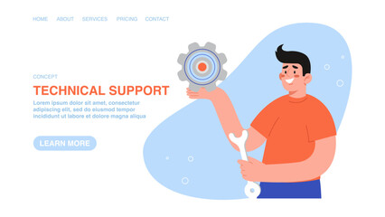 Analyze problem to find a business solution to solve problem, experience and skills to achieve success, leadership, technical support and service. Web banner, infographic, web page with man hold gear.