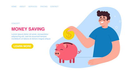 Investing in investments and stocks, increasing savings and deposit boxes, success in asset management, financial growth. Web banner, infographic, web page with man throws coin into piggy bank.