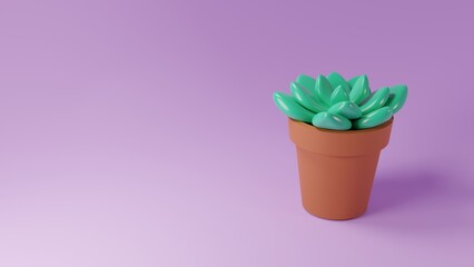 3d trendy cactus pot. Houseplant cactus, succulent in pot. 3D Illustration green of indoor plant. Home decor element isolated on violet background. Suitable for summer decoration. Plant with shadow.