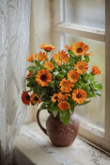 Obraz na płótnie Canvas Still-life. Photo of a bouquet of calendula flowers on the window.