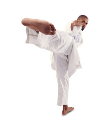 Man, karate and kick for martial arts, self defense or MMA training isolated on a transparent PNG background. Portrait of serious male person or fighter in pose, stance or technique for taekwondo © Shubham/peopleimages.com