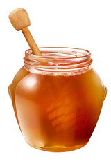 pote de vidro com mel de abelha natural acompanhado de colher de madeira rústica isolado em fundo...