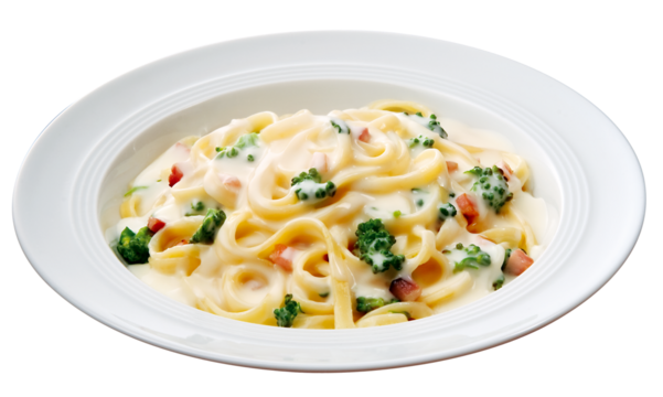 prato com macarrão ao molho branco com brócolis e bacon isolado em fundo transparente - Fettuccine ao molho branco