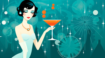 art deco style christmas party girl drinking a martini cocktail,  snow and christmas tree - obrazy, fototapety, plakaty