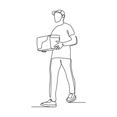 Continuous single line sketch drawing of delivery courier man holding cardboard box package container order. One line delivery shipment worker people vector illustration