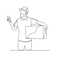 Continuous single line sketch drawing of delivery courier man holding cardboard box package container order. One line delivery shipment worker people vector illustration