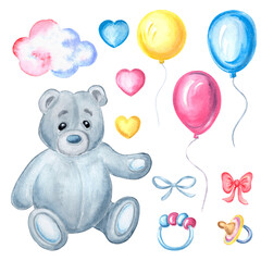 Watercolor teddy bear with baby toys colorful balloons and pink cloud Set of hand painted illustrations rattle, pacifier, bows and hearts for baby shower, decorating nursery, birthday, holiday design