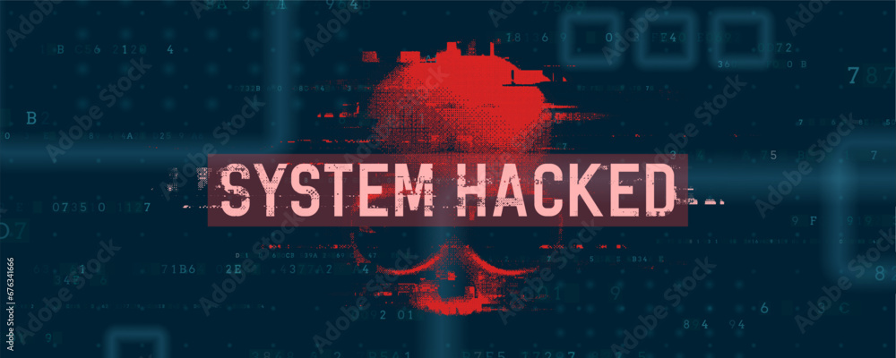 Poster danger sign with skull. hacked system or cyber attack. internet virus, technical problem or system e