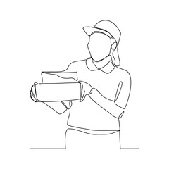 Continuous single line sketch drawing of delivery courier woman holding cardboard box package container order. One line delivery shipment worker people vector illustration