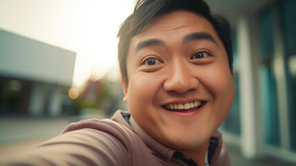 an ordinary slightly plump asian man making selfie outdoors. Portrait of a middle-aged happy guy on the street