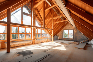 modern attic construction site with large windows, high rooms, daylight, bright