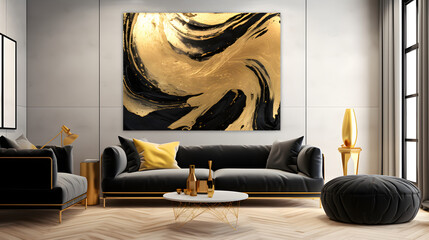 Abstract gold black acrylic painted fluted 3d painting texture marble. generative AI.