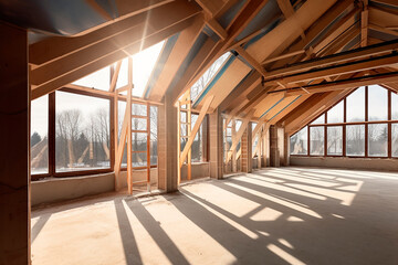 modern attic construction site with large windows, high rooms, daylight, bright