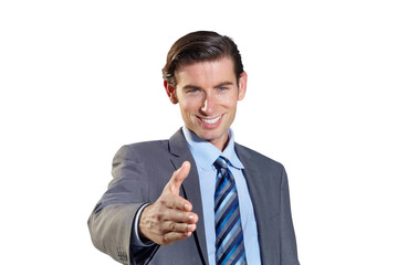 Portrait, business man and handshake for offer, deal or opportunity, hr agreement or partnership. Face, smile and professional shaking hands for introduction isolated on a transparent png background