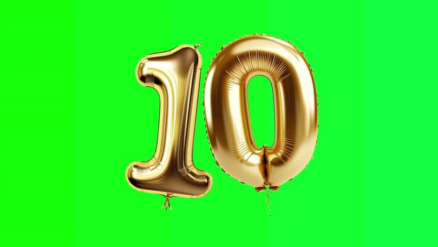 Gold balloon Number 10 ,Green Screen, Animation, motion loop, video footage, motion graphic