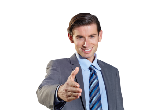 Portrait, business man and handshake for offer, deal or opportunity, hr agreement or partnership. Face, smile and professional shaking hands for introduction isolated on a transparent png background
