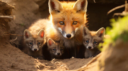 Wild red fox with cubs close up near its den feeding - obrazy, fototapety, plakaty