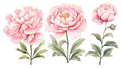 Set of watercolor fresh pink peony flowers, png