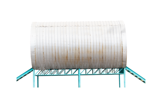 Behind curved structure is gray aluminum roof house, home sheet with steel beam isolated on cut out PNG. Durable sunlight, rain and storms, does not rust. Metal cladding on industrial building.