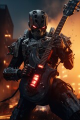 Naklejka premium Skull robot playing guitar, AI generated Image