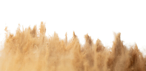 Blur Defocus image of Small Fine Sand flying explosion, Golden grain wave explode blow. Abstract sands cloud. Yellow colored sand splash storm up in Air. White background Isolated freeze - obrazy, fototapety, plakaty