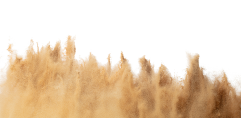 Blur Defocus image of Small Fine Sand flying explosion, Golden grain wave explode blow. Abstract sands cloud. Yellow colored sand splash storm up in Air. White background Isolated freeze