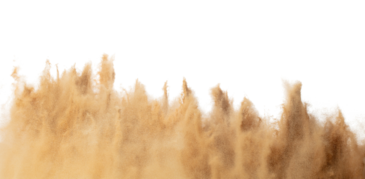 Blur Defocus image of Small Fine Sand flying explosion, Golden grain wave explode blow. Abstract sands cloud. Yellow colored sand splash storm up in Air. White background Isolated freeze