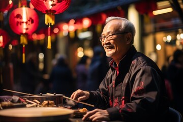 Lively chinese new year performers playing traditional instruments in festive parade.