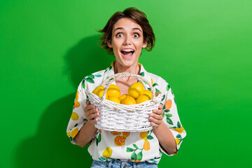 Photo of astonished funky girl open mouth holding wooden basket fresh vitamins every day lemonade...