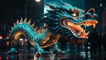 Fototapeta premium Chinese new year street procession with colorful float depicting mythological character