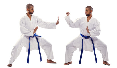 Man, karate and face off in martial arts or self defense training with blue belt isolated on a transparent PNG background. Profile of male person or fighter in pose, style or technique for taekwondo © Shubham/peopleimages.com