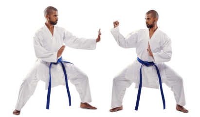 Man, karate and face off in martial arts or self defense training with blue belt isolated on a transparent PNG background. Profile of male person or fighter in pose, style or technique for taekwondo
