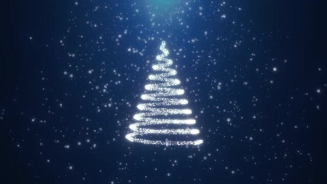 Christmas attributes. Falling snow, Christmas tree gradually catching fire. Blue background.