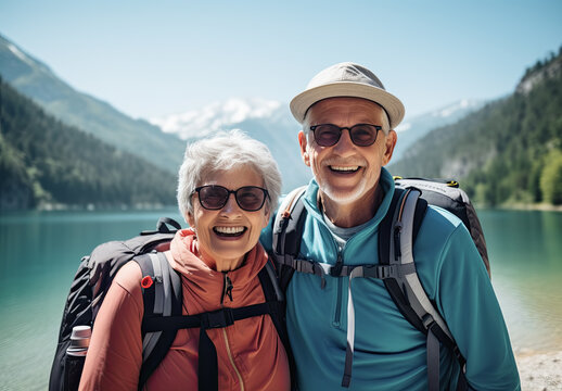 pareja mayor de 50 años haciendo senderismo entre montañas nevadas cerca de un lago, Concepto de viajes y actividades para jubilados