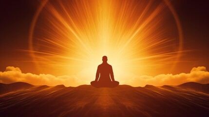 Silhouette of meditations on the background of the sun. A man meditates at sunset