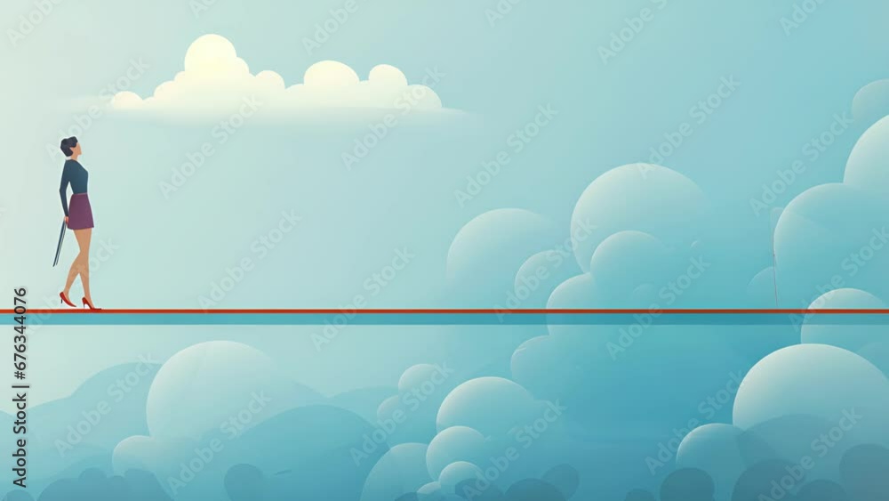 Poster a character walking a tightrope between two giant thought bubbles, symbolizing their attempt to find