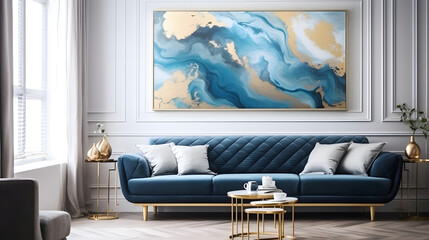 Abstract ocean- ART. Natural Luxury. Style incorporates the swirls of marble or the ripples of agate. Very beautiful blue paint with the addition of gold powder. generative AI.
