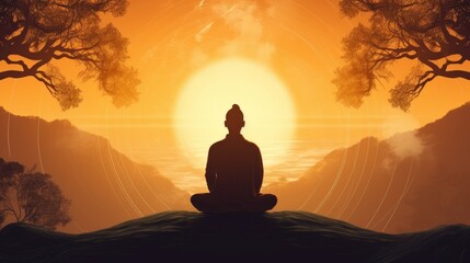 Silhouette of meditations on the background of the sun. A man meditates at sunset