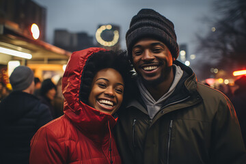 
A lively image of a couple with different abilities, sharing a joyous moment against the backdrop of a city aglow with lights