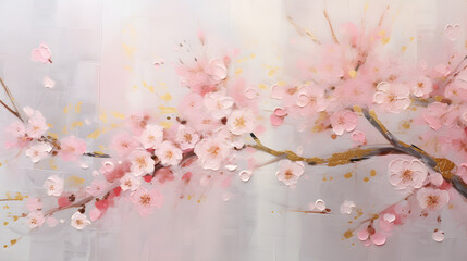 Abstract painted oil acrylic painting pink cherry flowers golden texture marble. generative AI.