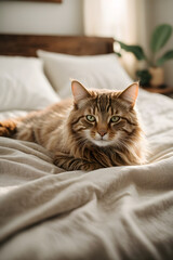 Beautiful orange cat lying on a bed with light beige linen sheets. Bright and cozy minimal bedroom interior design.