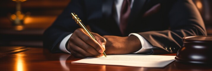 legal counsel presenting signed contract with gavel and law book   justice and lawyer concept