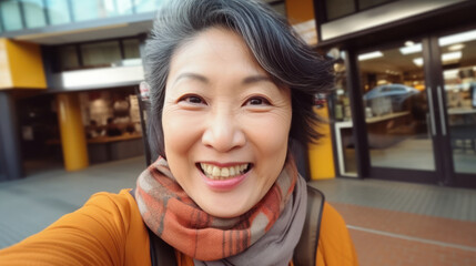 Closeup selfie portrait of happy smiling senior asian woman outdoors