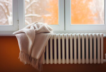 A cold battery with a blanket lying on it. Concept of energy crisis and energy saving