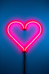 red heart neon light illustration isolated on blue colored background, dark gray and pink