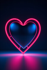 red heart neon light illustration isolated on blue colored background, dark gray and pink