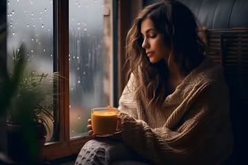 A young girl covered with a blanket sits in pitch darkness by the window and warms herself with hot coffee. Concept of energy crisis and energy saving - obrazy, fototapety, plakaty