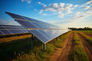 Renewable energy solar panels on a vast solar farm generating green power on a sunny summer day - obrazy, fototapety, plakaty